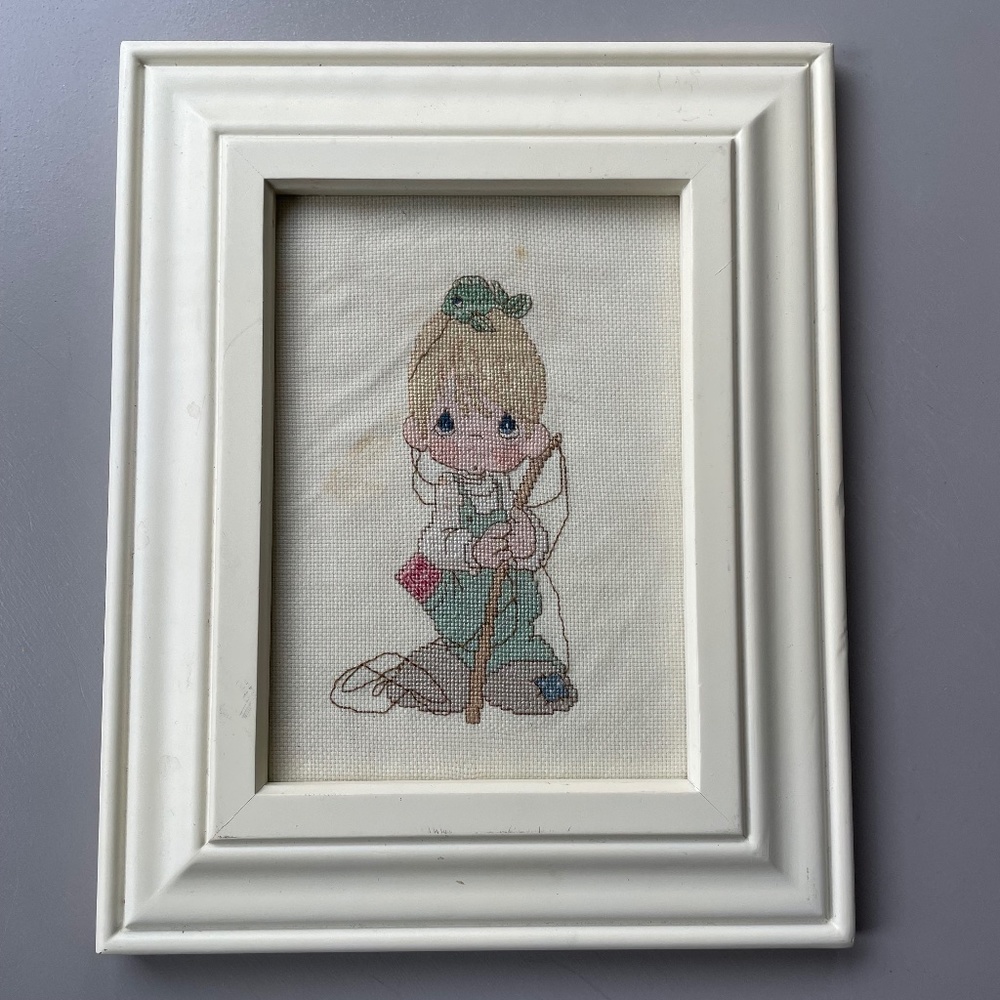 VTG Precious Moments Fisherman Completed Framed Cross Stitch